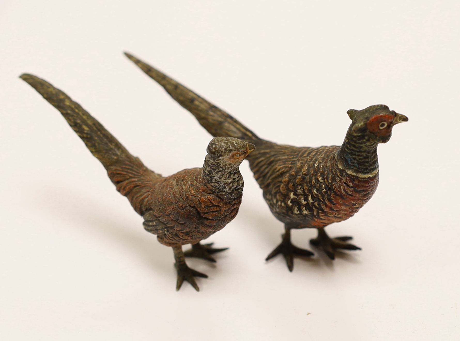 Two Austrian cold painted bronze models of Pheasants, largest 9.5cm wide